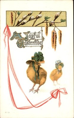 Easter Chick and Chickadee Animals Embossed c1900s-10s Vintage Postcard