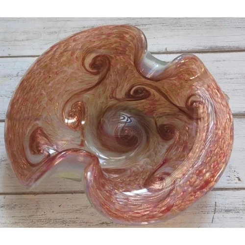 Vintage Fratelli Toso Murano Pinkswirl Aventurine Starry Night Art Glass Bowl