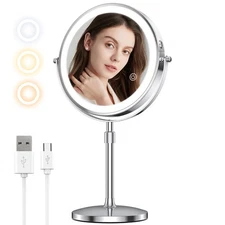 Lighted Makeup Mirror 8 Inch 10X Magnification Rechargeable 3 Color Silver
