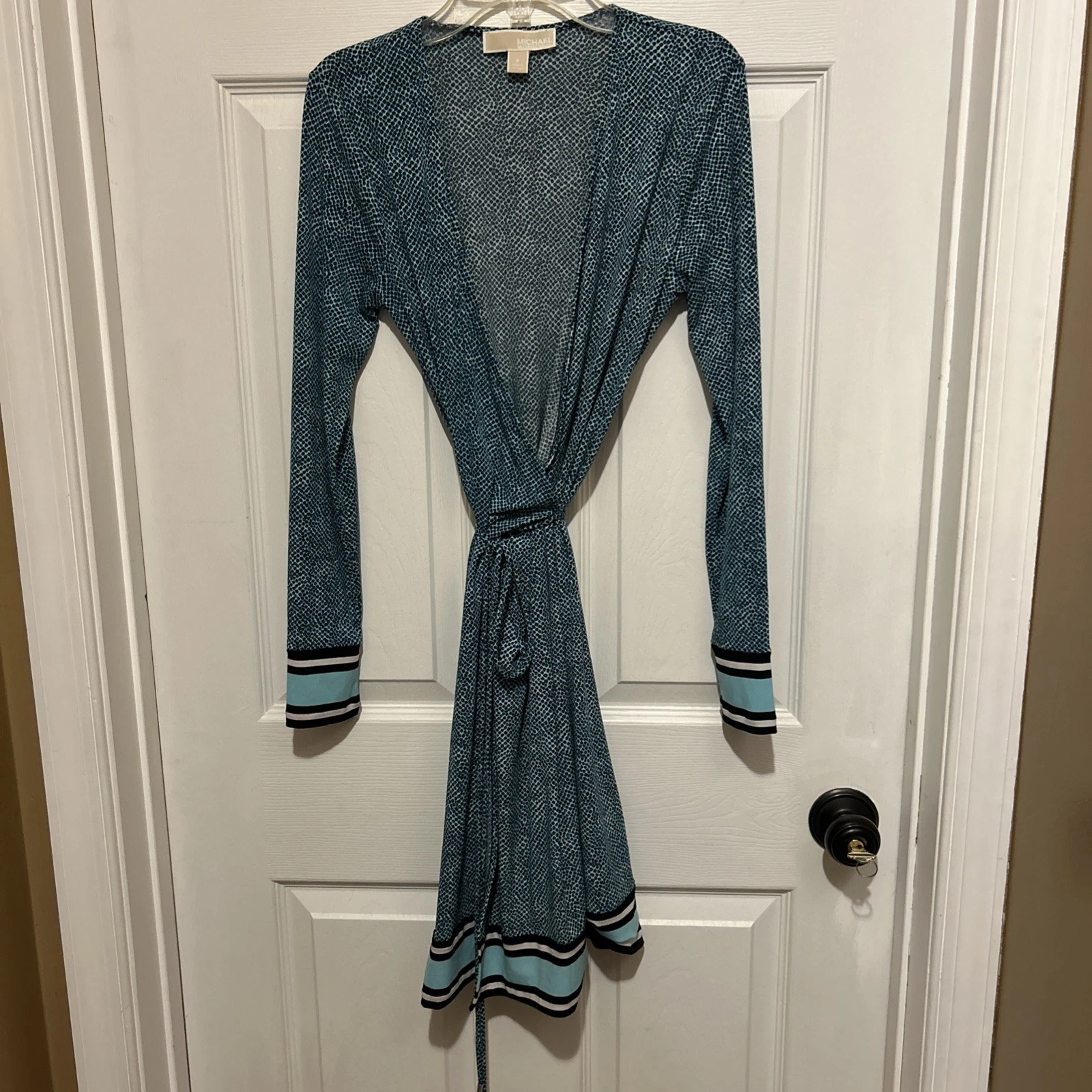 Abito Michael Kors manica lunga stampa teal taglia P piccolo morbido e splendido