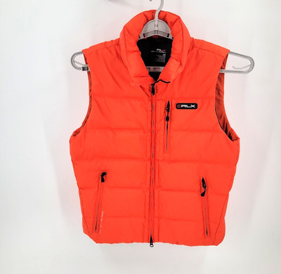 RLX Ralph Lauren Mens Puffer Down Vest Size M Orange Packable Hood Zip  Front