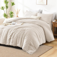 Beige Seersucker Queen Comforter Set 90X90 Inches , 3 Pieces-100 Soft Washed M
