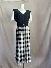 Vintage Black White Gingham Dress With Vest Tie-back Cottagecore Granny Summer