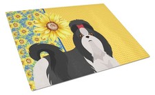 Caroline's Treasures Summer Sunflowers Black White Shih Tzu Glass Cutting Board