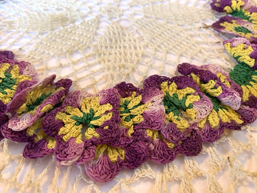 Vtg Handmade Crocheted Doily Raised Purple Yellow Flowers 23" with Long Dangles