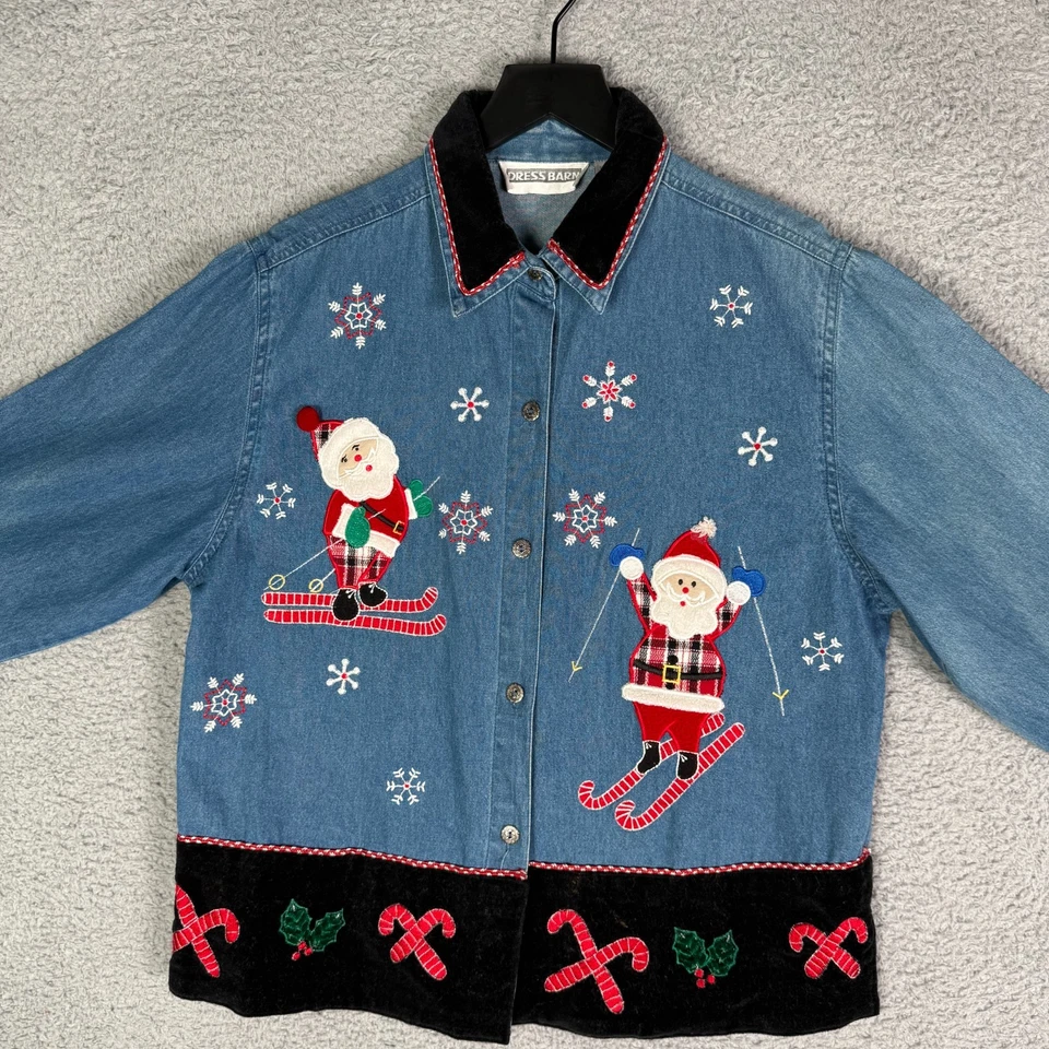 Винтажная рождественская джинсовая рубашка 90-х женская средний размер с вышивкой Санта-Клаус на пуговицах - Изображение 2 из 4