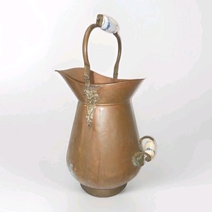 VTG Large 17" FIREPLACE Copper Ash Scuttle Bucket Brass Lion Delft Handles