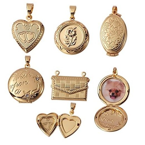 5 Pcs 5 Styles Brass Locket Pendants Photo Frame Charm for Necklace Heart