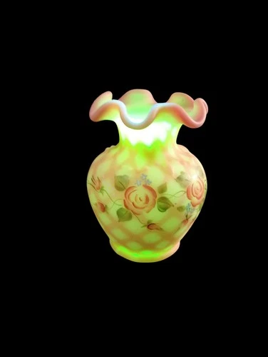 Fenton Uranium Art Glass Museum Collection Hand Painted Vase Artist Signed 4 In