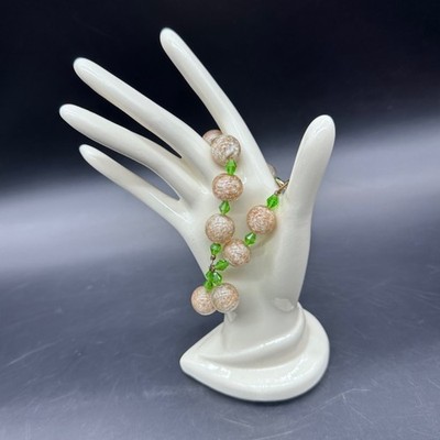 Art Glass Beaded Bracelet Green Copper Speckled White Beads Dangle Handmade