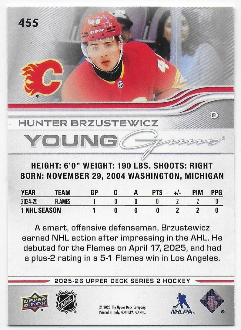 2025-26 Upper Deck #455 Hunter Brzustewicz YG RC - Calgary Flames