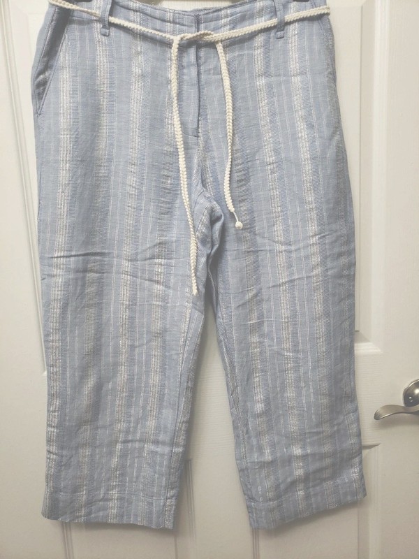 Tommy Bahama Size 6 Linen Blend Wide Leg Ankle Pants Metallic Stripes Rope Belt