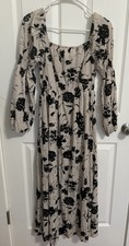Ivory Black Floral Maxi Dress Smocked Puff Long Sleeve Square Neck