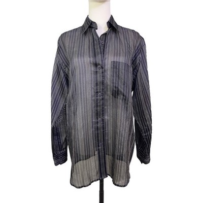 Ellen Tracy Navy Sheer Striped Button Down Blouse Women s 8 Evening Party 