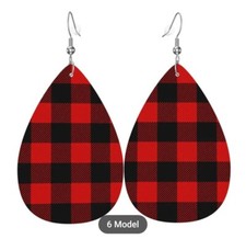 1 Pair Red  Black Buffalo Plaid Faux Leather Water Drop Earrings Brand New