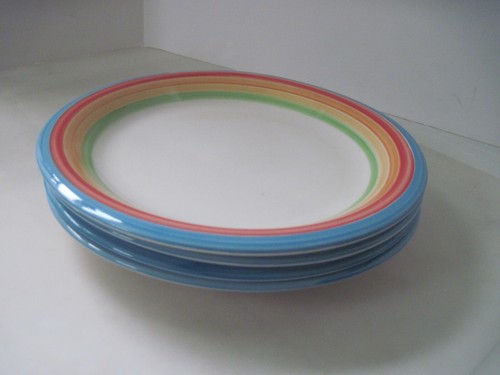 Gibson Dinner Plates Multicolored Rainbow Trim Set of 5 New - Picture 6 of 14