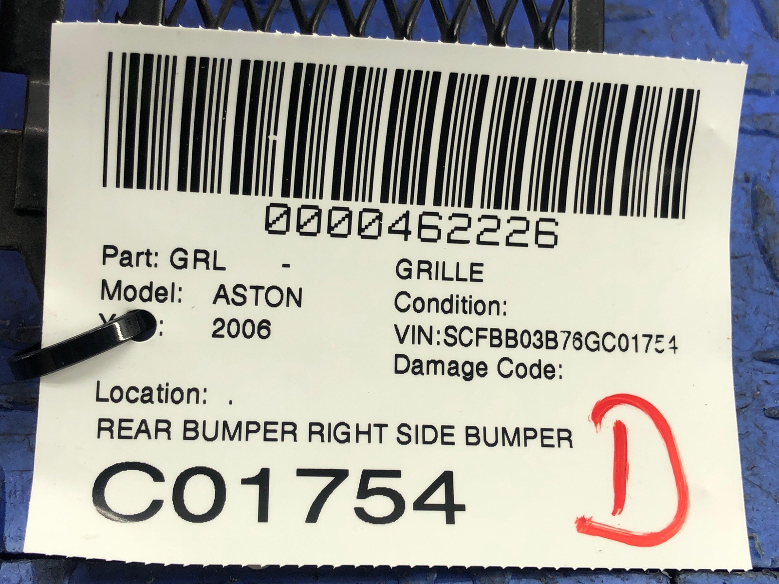 2006-2018 ASTON MARTIN VANTAGE V8 REAR BUMPER RIGHT SIDE BUMPER MESH GRILL OEM