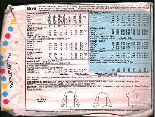 6876 Vintage McCalls Sewing Pattern Misses Lined Jackets Mandarin Collar OOP Sew - 第 2/2 張圖片