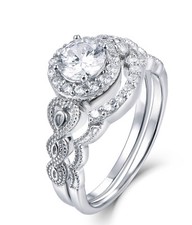 2PC Sterling Silver Round Halo Cz Wedding Band Engagement Rings Set Sz 3-12 SS66