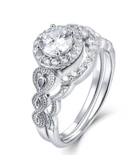 2PC Sterling Silver Round Halo Cz Wedding Band Engagement Rings Set Sz 3-12 SS66