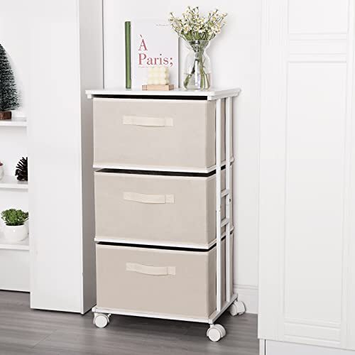 Dresser Tower with 3 Drawers,Fabric Dresser Classic Drawer Dresser Beige - Picture 6 of 6