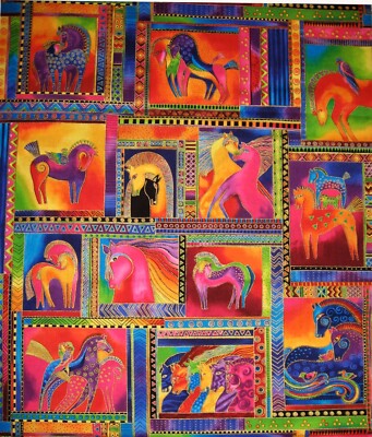 Laurel Burch Dancing Horses Bright Tone Panel Fabric. OOP 21.5 x 23