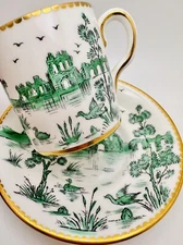 ROYAL CHELSEA PEKING GREEN GOLD DEMITASSE CUP & SAUCER; DUCK POND SCENE TEACUP