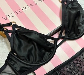 Victoria's Secret Bra Set Satin Unlined Plunge Garter Thong 3 pcs Black