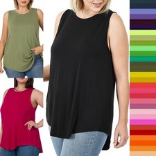 1X 2X 3X Women Round Neck Sleeveless Long Tank Top Luxe Rayon Tunic High Low Hem