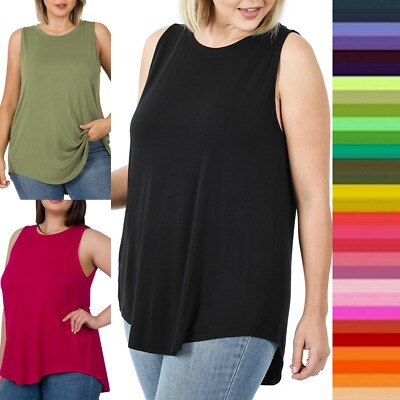 #ad 1X 2X 3X Women Round Neck Sleeveless Long Tank Top Luxe Rayon Tunic High Low Hem $7.66