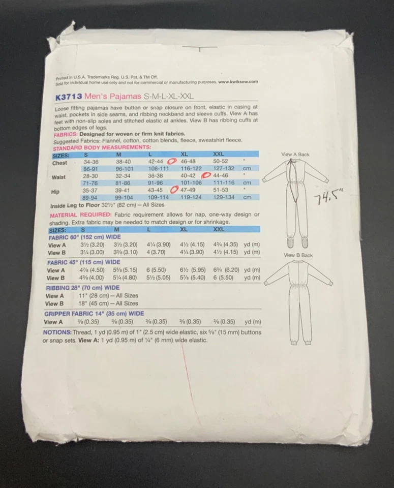 Rare Kwik Sew K3713 Men’s Pajamas S-XXL Sewing Pattern UNCUT - Image 2 of 3
