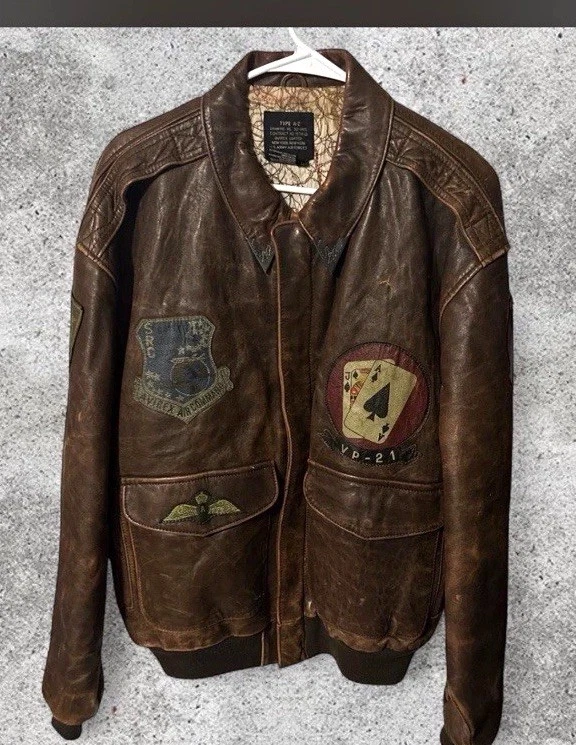 Avirex A-2 Brown Leather Bomber Jacket Patches Logo Full Zip Size 44 - product detail image 1