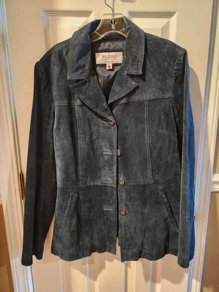 Chaqueta de cuero Wilson's azul marino vintage para mujer, talla L Foto 2 de 4