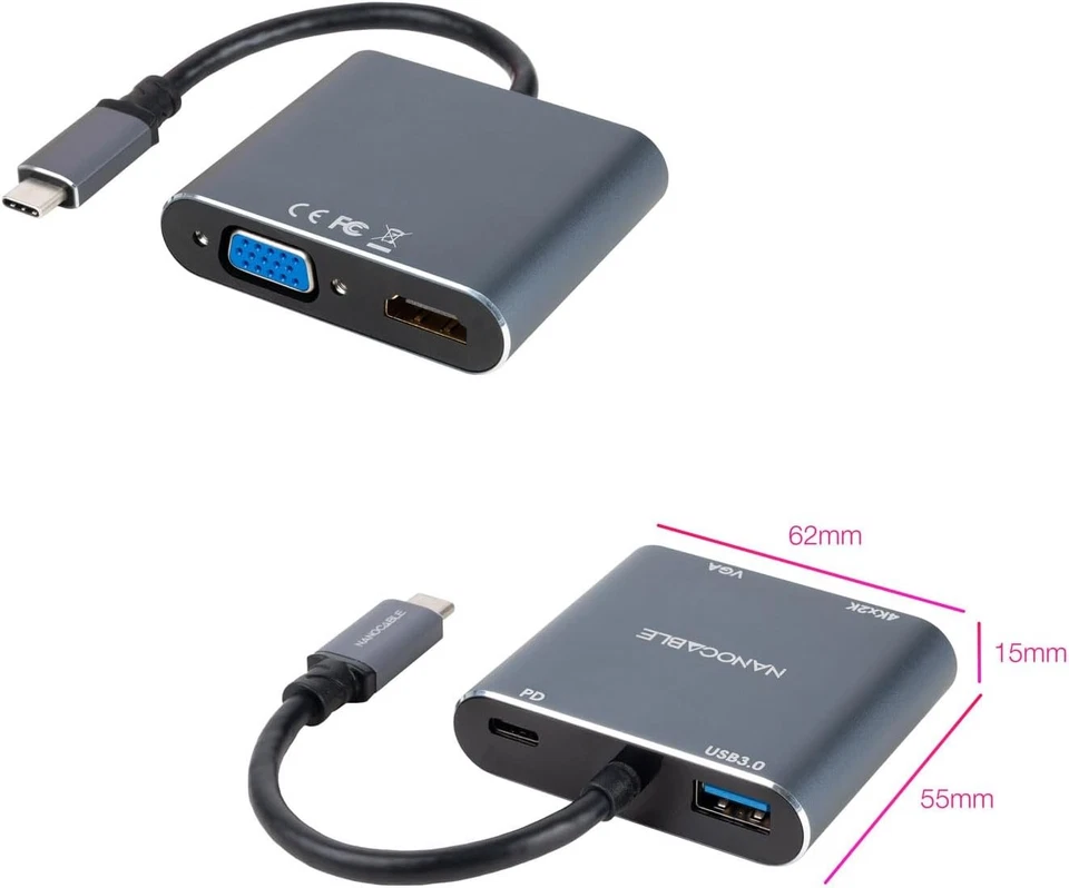 NANOCABLE 10.16.4304 - USB-C to HDMI/VGA/USB3.0/PD Converter, Grey - Image 4 of 4