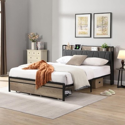 Queen Size Metal Platform Bed Frame with Upholstered Storage Headboard USB Ports