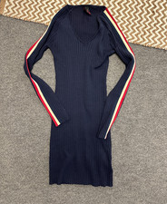 Yoki Vintage Sweater Dress Juniors Large Navy Ribbed Stripped V-Neck Casual