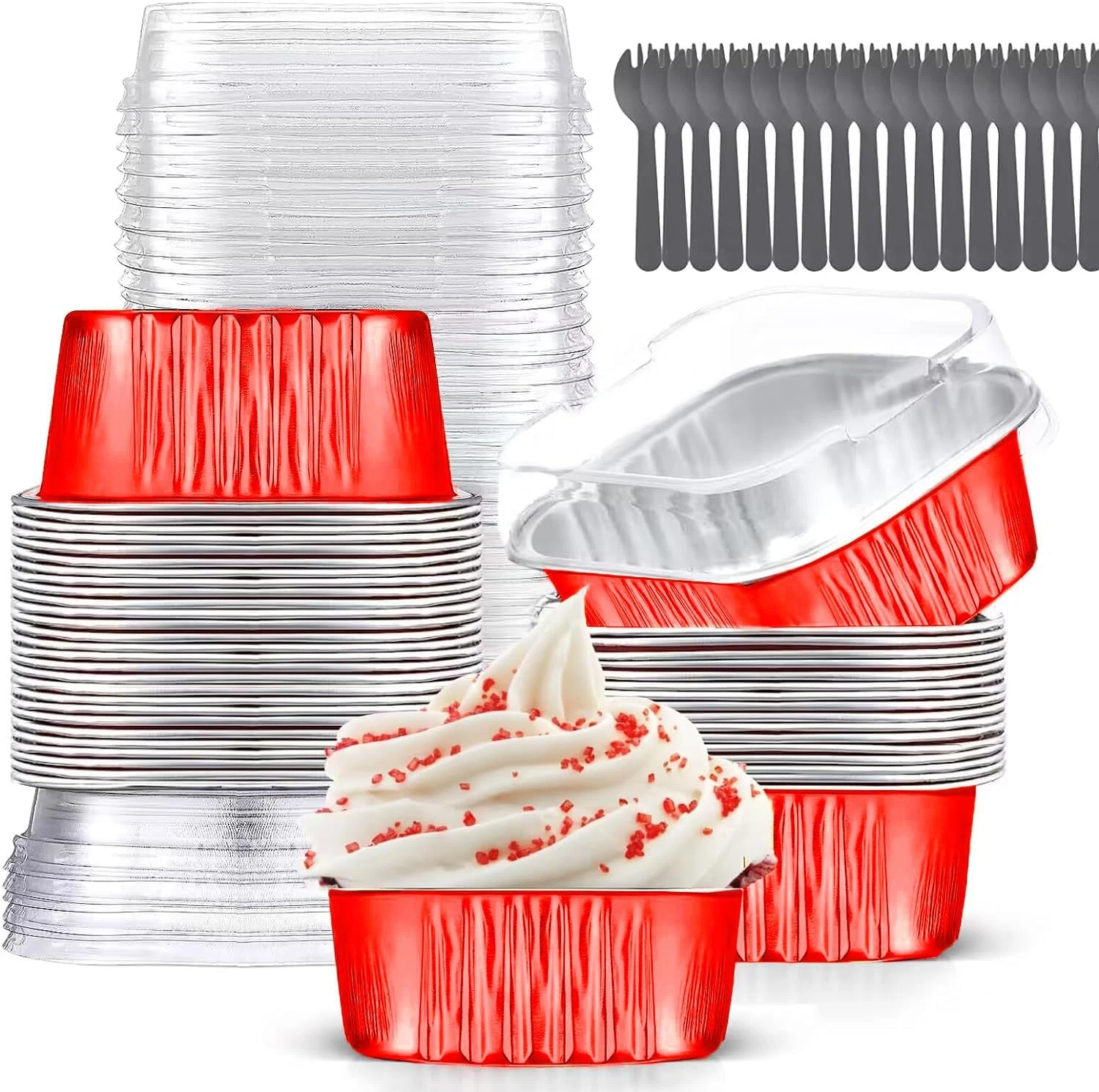 Mini Cake Pans with Lids (10Oz,40 Pack) Aluminum Foil Square Cupcake Liners Brow