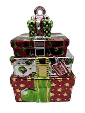 Vintage Linens N Things Metallic Red Silver Presents Christmas Cookie Jar 1990s