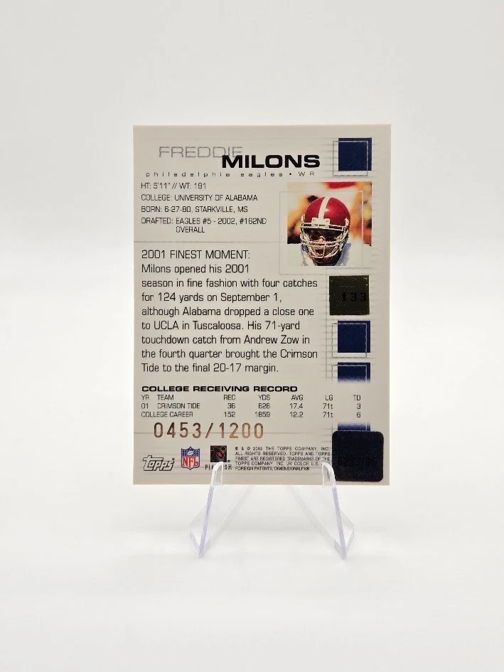 Freddie Milons 2002 Topps Finest RC Auto SP /1200 #133 Eagles - Image 2 of 2