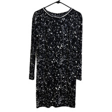 Tory Burch Meredith Silk Dress XS Black Long Sleeve Paint Splatter Zip Designer