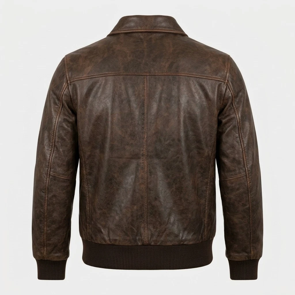 Men's Genuine Leather Brown Bomber Jacket Vintage Style Zip Up Flight Coat - product detail image 2