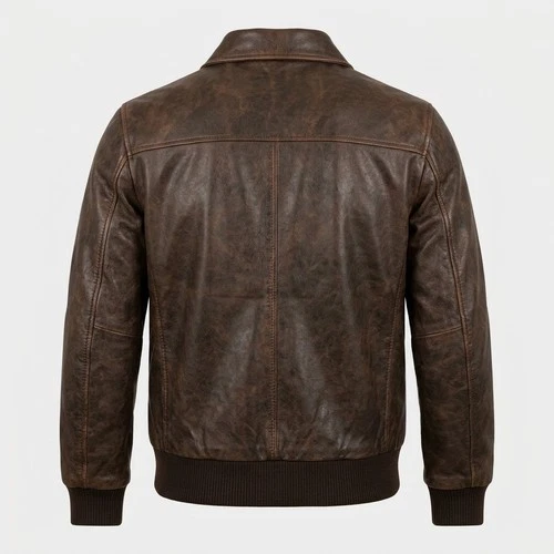 Men's Genuine Leather Brown Bomber Jacket Vintage Style Zip Up Flight Coat image 2