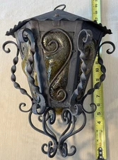 MCM Spanish Gothic Wrought Iron Amber Blown Glass Hanging Lamp Parts Repair