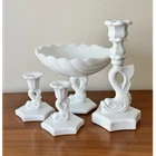 Vintage Milk Glass Dolphin Fish Koi Candle Holders & Bowl Decorative Set