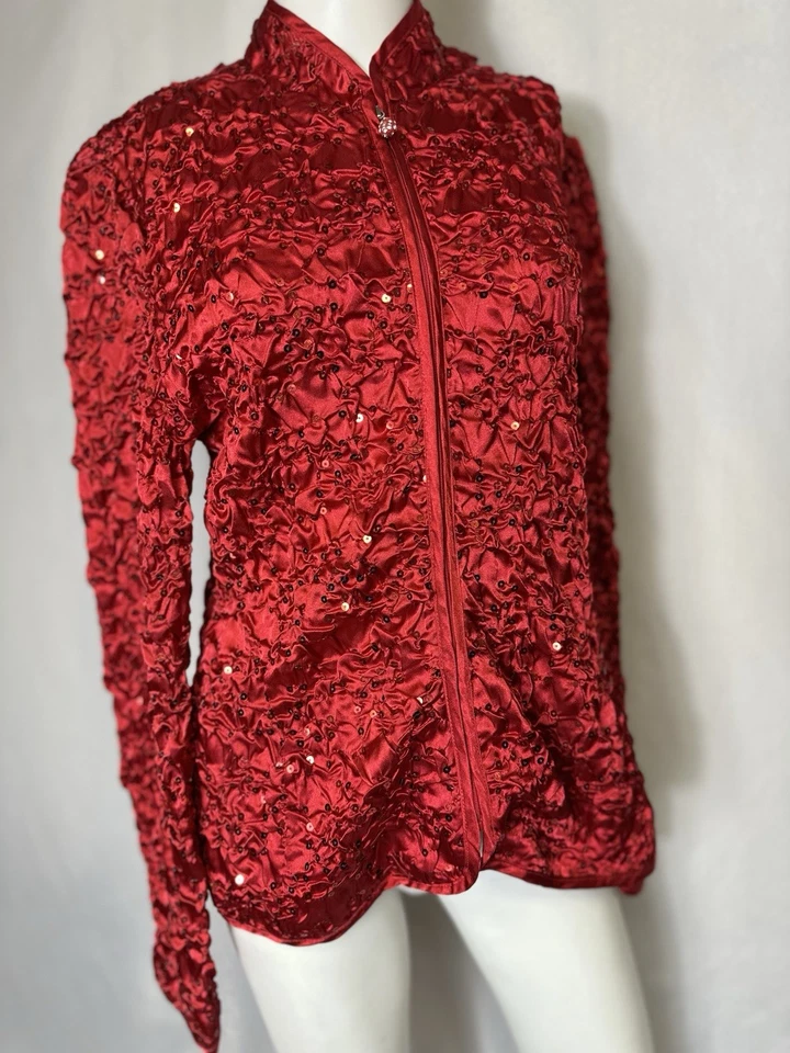 MSK Women’s Red Satin Sequin Quilt Crinkle Zipper Long Sleeve Jacket Size Large - Image 3 of 4