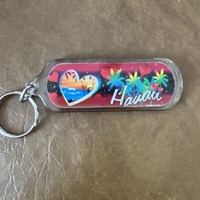 Hawaii Plastic Keyring Keychain Hearts Palm Trees Sunset Brand New
