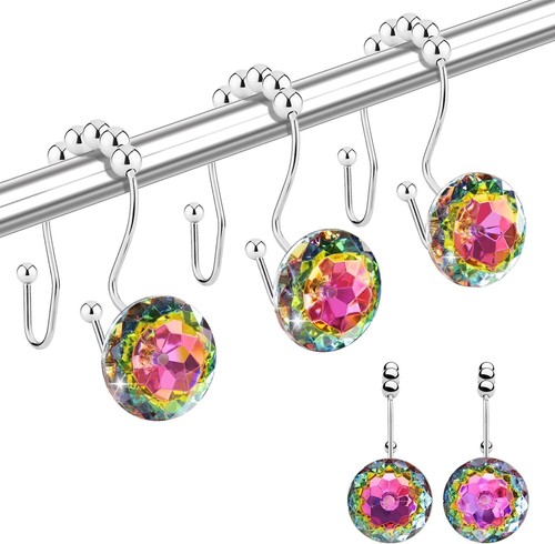 Shower Curtain Hooks Rings for Bathroom, 12PCS Double Hooks Glide anti Rust Crys