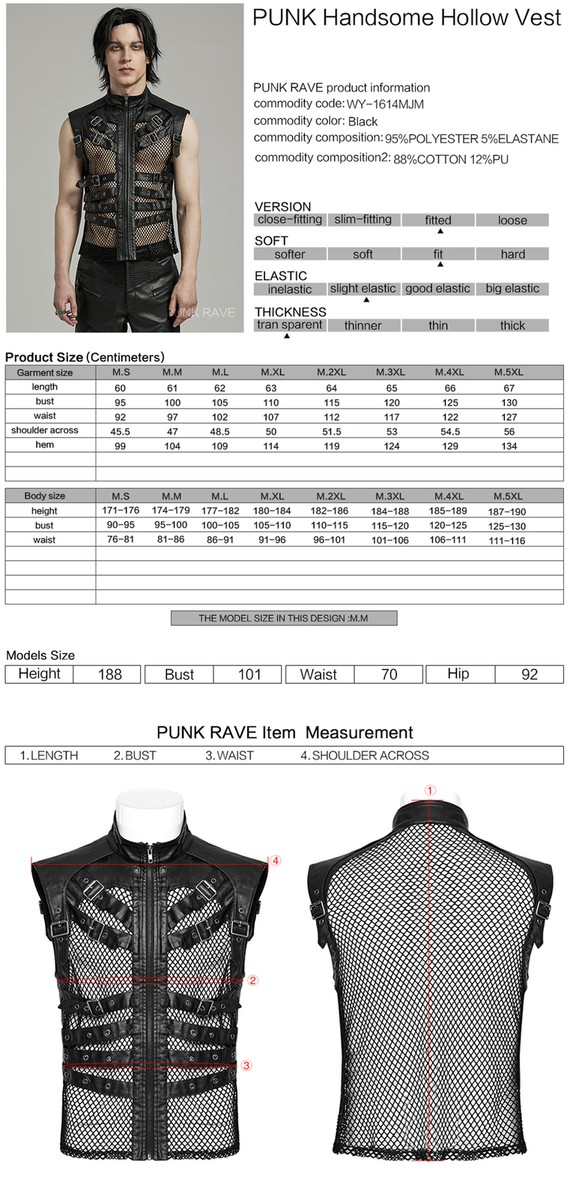 PUNK RAVE Men Black Gothic Punk Handsome Mesh Leather Loop Hollow