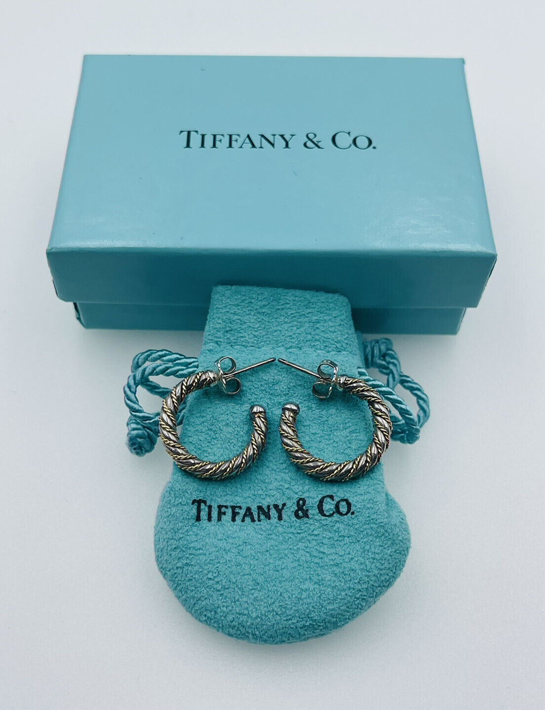 Tiffany & Co.Authentique Argent Sterling & 18k or Jaune Corde Boucle D'Oreilles