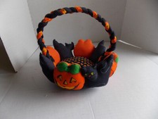 Vintage Fabric Panel Halloween Basket Candy Dish Jack O Lantern Black Cats 10"